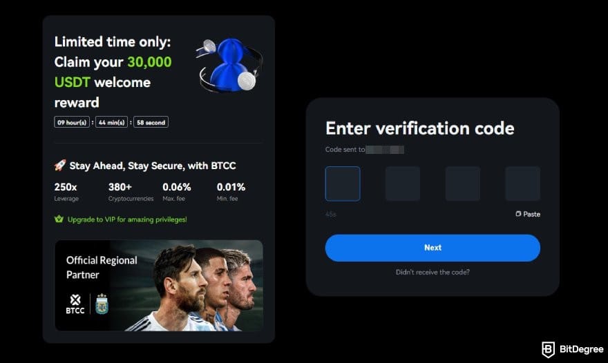 How to trade commodities: the email verification code page on BTCC.