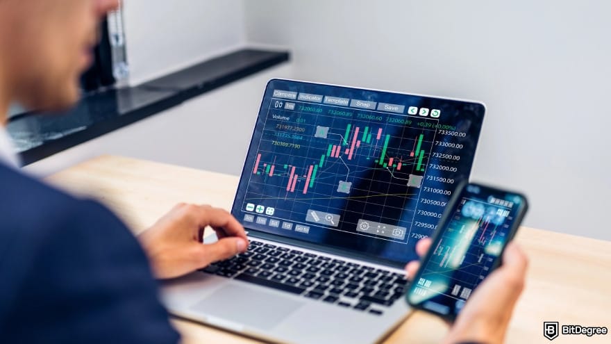 How to trade crypto futures: a trader looking at a graph of cryptocurrency market. How to trade crypto futures: a trader looking at a graph of cryptocurrency market.
