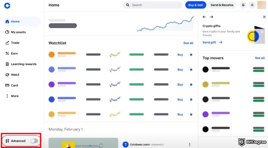 How to trade futures on Coinbase: Advanced mode toggle on Coinbase.