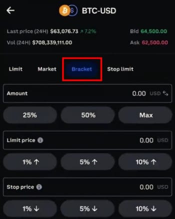 How to trade futures on Coinbase: bracket order on Coinbase Advanced.