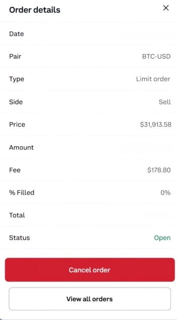 How to trade futures on Coinbase: Cancel order pop-up window on Coinbase Advanced.