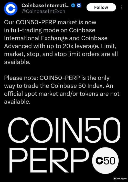 How to trade futures on Coinbase: COIN50-PERP update on Coinbase's X account.