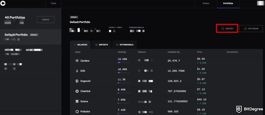 How to trade futures on Coinbase: the [Deposit] button.