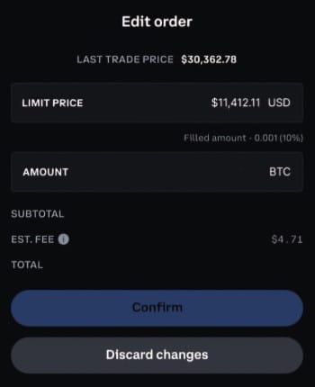 How to trade futures on Coinbase: Edit order page on Coinbase Advanced.