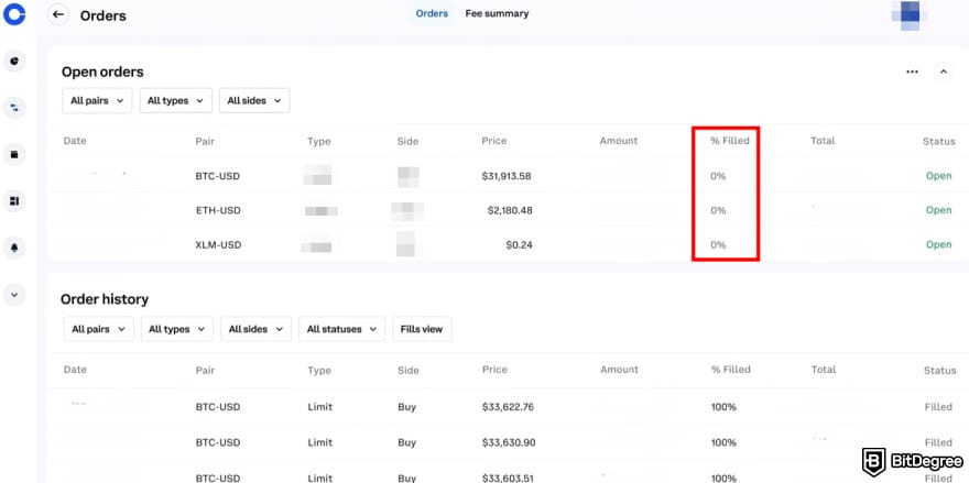How to trade futures on Coinbase: the [% Filled] tab on Coinbase Advanced.