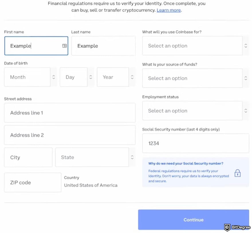 How to trade futures on Coinbase: identity verification page on Coinbase.