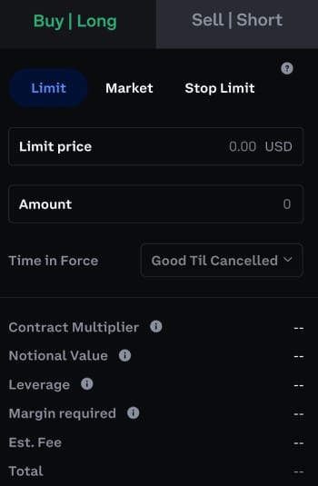 How to trade futures on Coinbase: limit order on Coinbase Advanced.