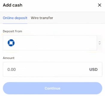 How to trade futures on Coinbase: the Online deposit tab on Coinbase.