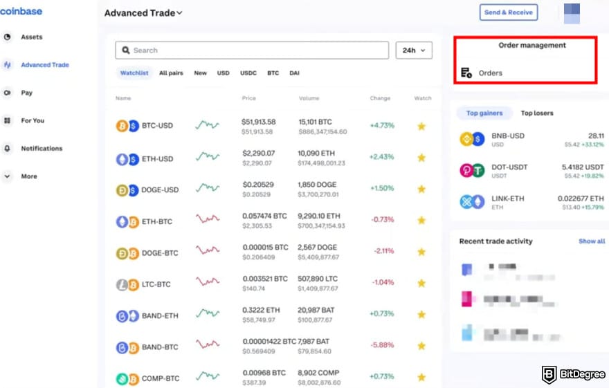 How to trade futures on Coinbase: the Order management page on Coinbase Advanced.