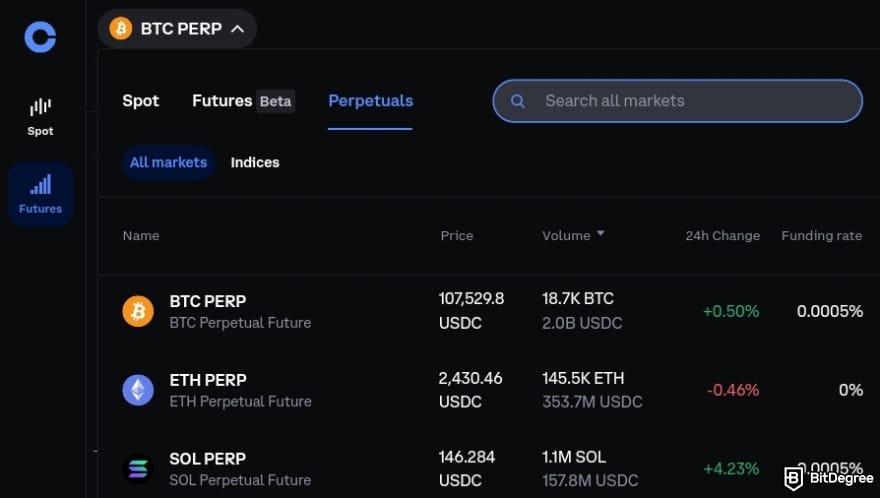 How to trade futures on Coinbase: the [Perpetuals] menu on Coinbase Advanced.