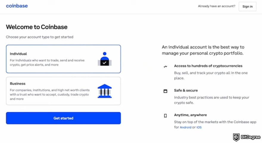 How to trade futures on Coinbase: sign up page on Coinbase.
