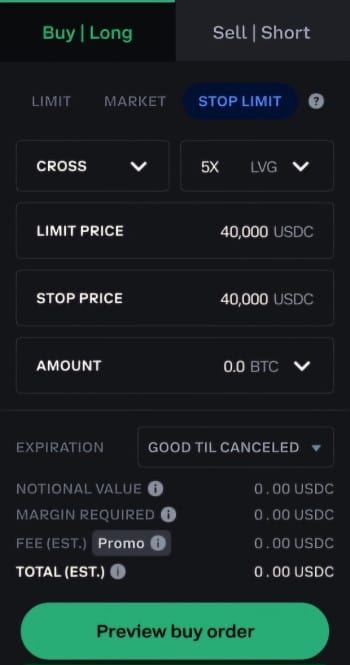 How to trade futures on Coinbase: stop limit order on Coinbase Advanced.