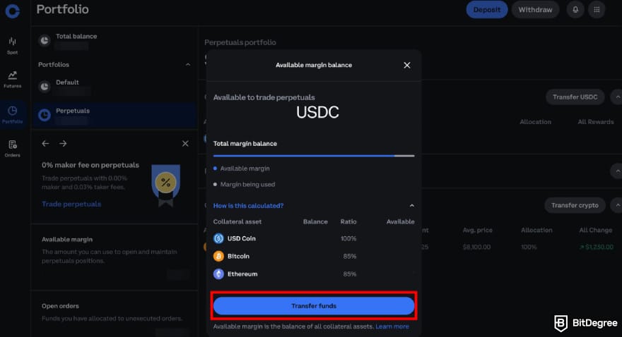 How to trade futures on Coinbase: the [Transfer funds] button on Coinbase Advanced.