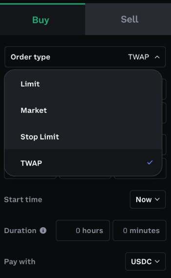 How to trade futures on Coinbase: TWAP order on Coinbase Advanced.