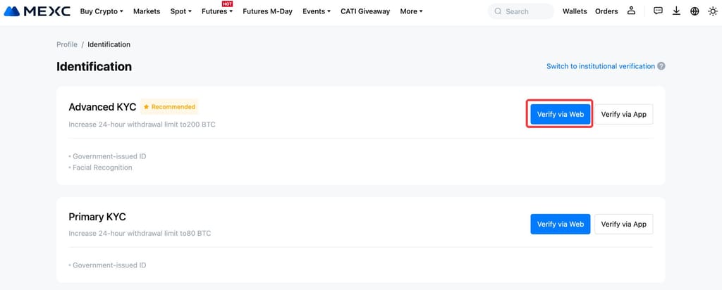 How to trade futures on MEXC: choosing an Advanced KYC on the MEXC website.