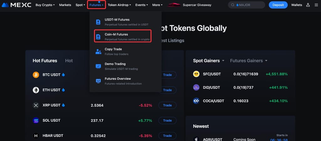 How to trade futures on MEXC: the Coin-M futures menu.