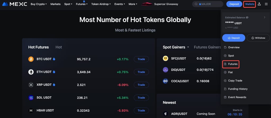 How to trade futures on MEXC: futures wallet on the MEXC website.