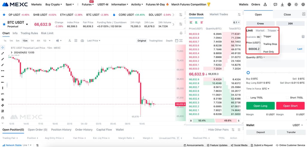 How to trade futures on MEXC: choosing a limit order on MEXC futures.