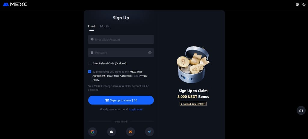 How to trade futures on MEXC: the MEXC sign-up form.