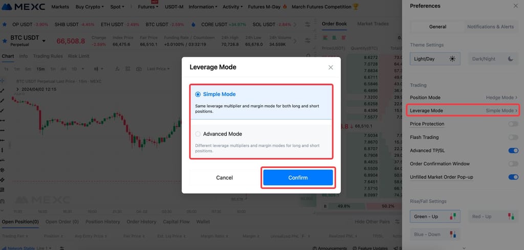 How to trade futures on MEXC: the Leverage Mode settings on MEXC.