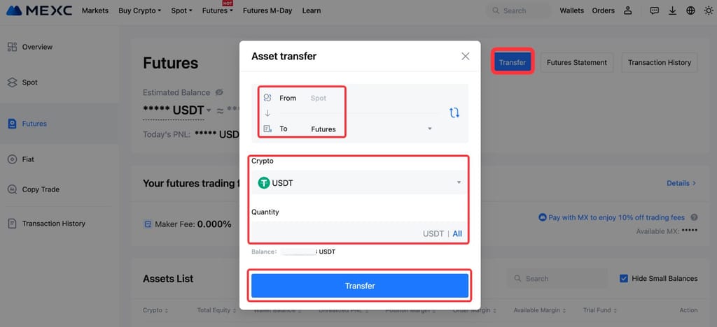 How to trade futures on MEXC: transferring USDT to the futures wallet on MEXC.