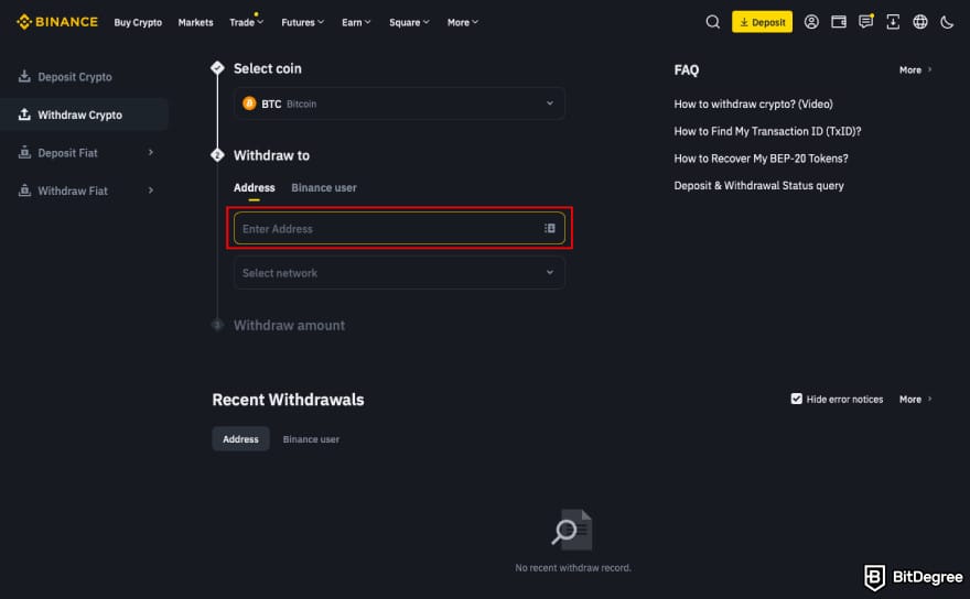 How to transfer BTC from Binance to Coinbase: paste the wallet address on Binance.
