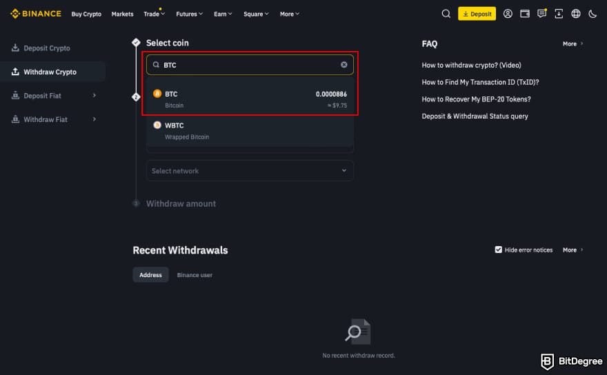 How to transfer BTC from Binance to Coinbase: select BTC on Binance.
