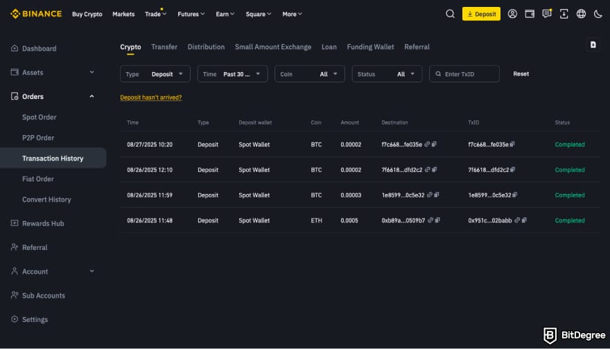 How to transfer BTC from Binance to Coinbase: a screenshot of transaction history on Binance.