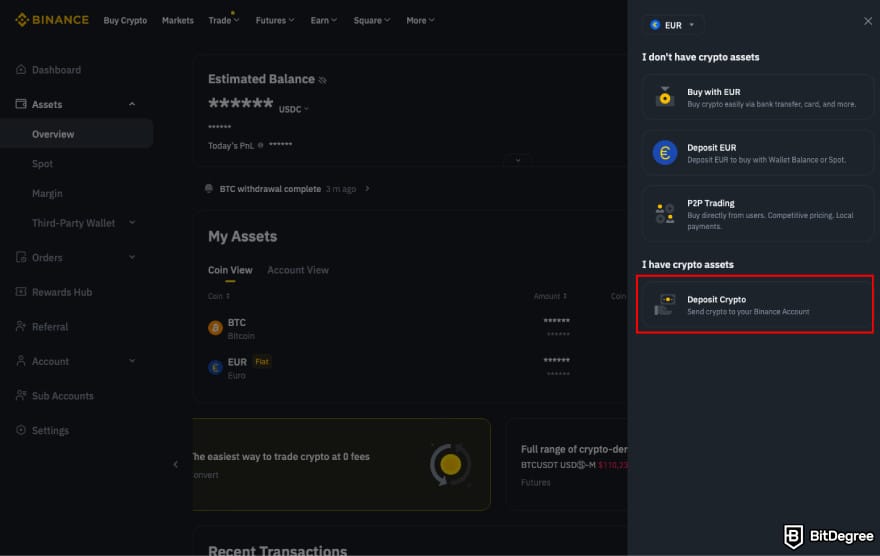 How to transfer BTC from Binance to Coinbase: click [Deposit Crypto] on Binance.