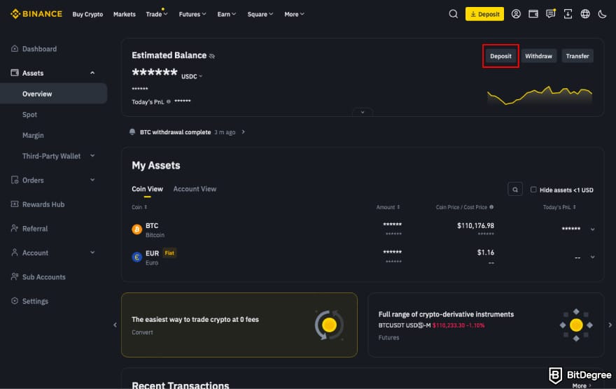 How to transfer BTC from Binance to Coinbase: click [Deposit] on Binance.