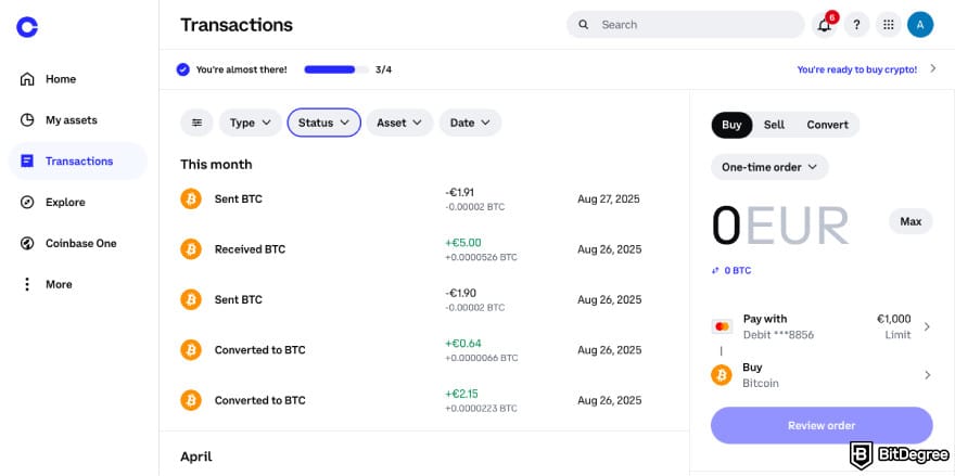 How to transfer BTC from Binance to Coinbase: a screenshot of transaction history on Coinbase.