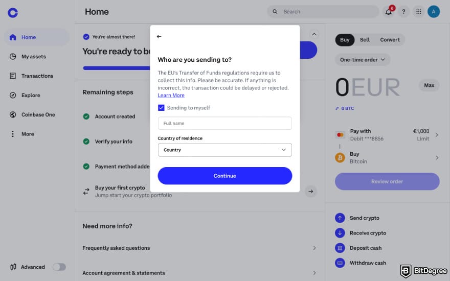 How to transfer BTC from Binance to Coinbase: click [Continue] on Coinbase.