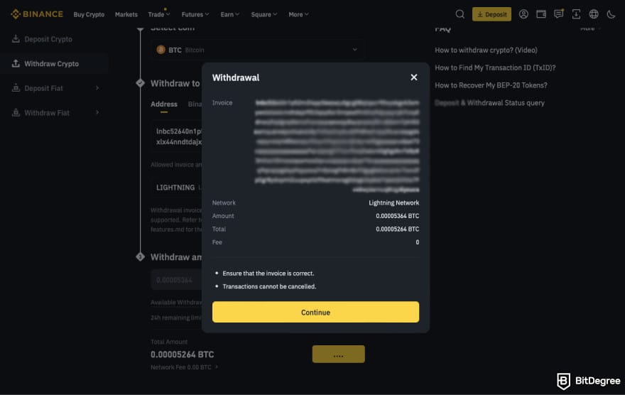 How to transfer BTC from Binance to Coinbase: click [Continue].