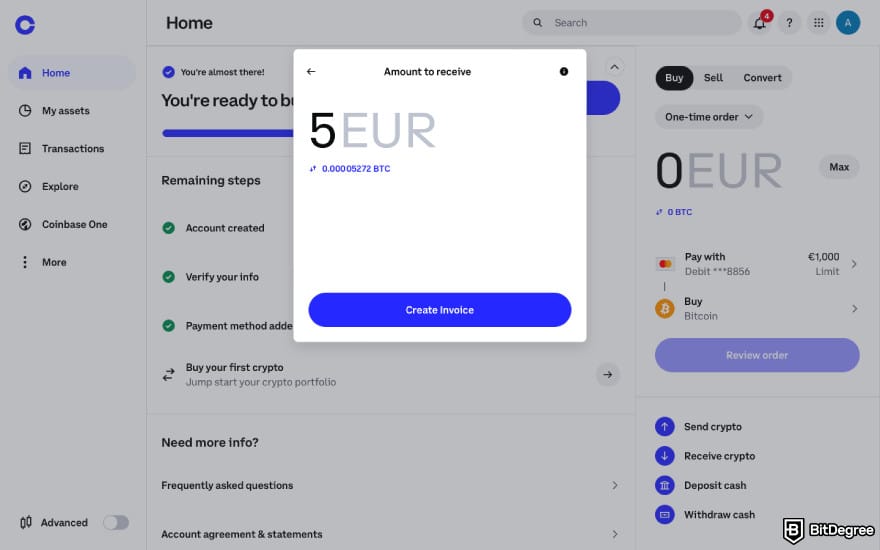 How to transfer BTC from Binance to Coinbase: create an invoice on Coinbase.