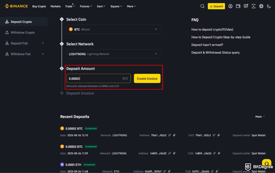 How to transfer BTC from Binance to Coinbase: create an invoice on Binance.