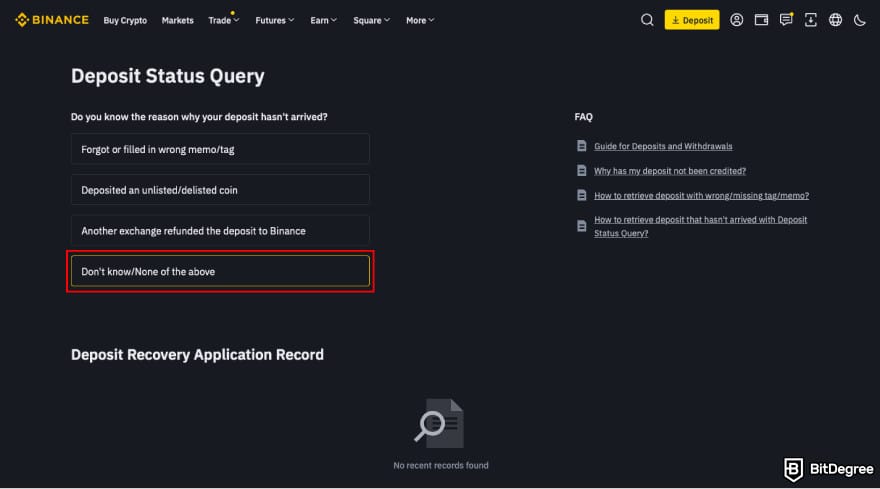 How to transfer BTC from Binance to Coinbase: click [Don't know/None of the above].