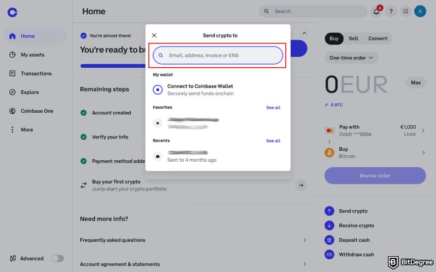 How to transfer BTC from Binance to Coinbase: enter wallet address on Coinbase.