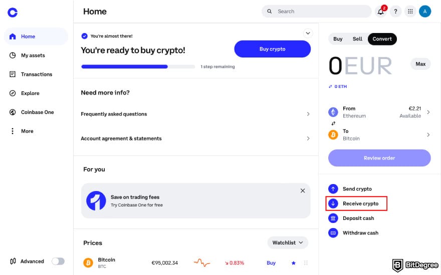 How to transfer BTC from Binance to Coinbase: click [Receive crypto] on Coinbase.