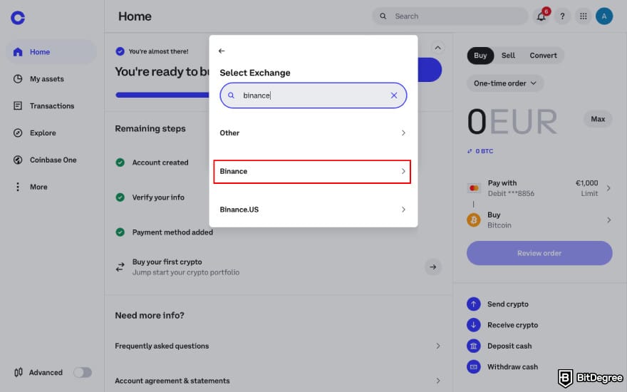 How to transfer BTC from Binance to Coinbase: select Binance on Coinbase.