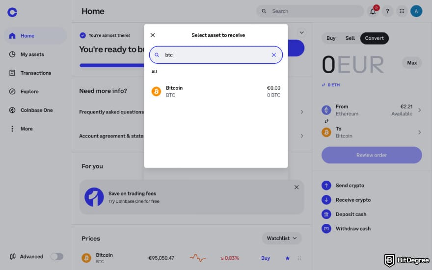 How to transfer BTC from Binance to Coinbase: select BTC on Coinbase.