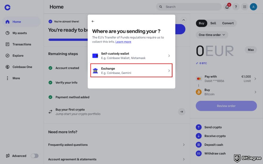How to transfer BTC from Binance to Coinbase: select exchange on Coinbase.
