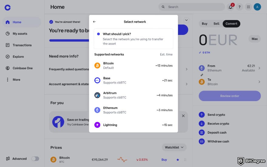 How to transfer BTC from Binance to Coinbase: select network on Coinbase.
