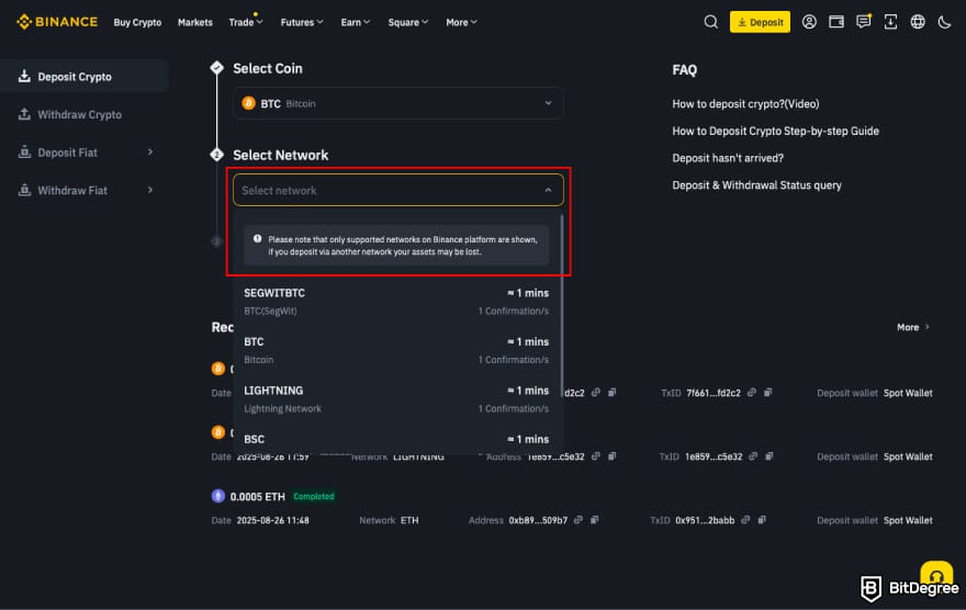 How to transfer BTC from Binance to Coinbase: select network on Binance.