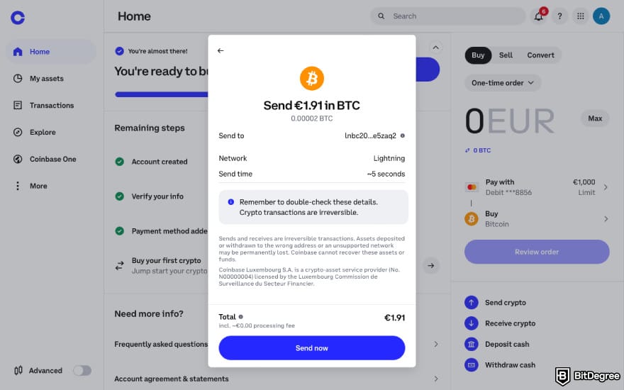 How to transfer BTC from Binance to Coinbase: click [Send now] on Coinbase.