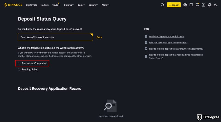 How to transfer BTC from Binance to Coinbase: click [Successful].