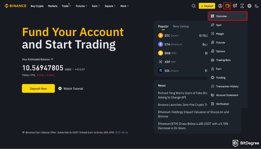How to transfer crypto from Kraken: go to Wallet Overview on Binance.