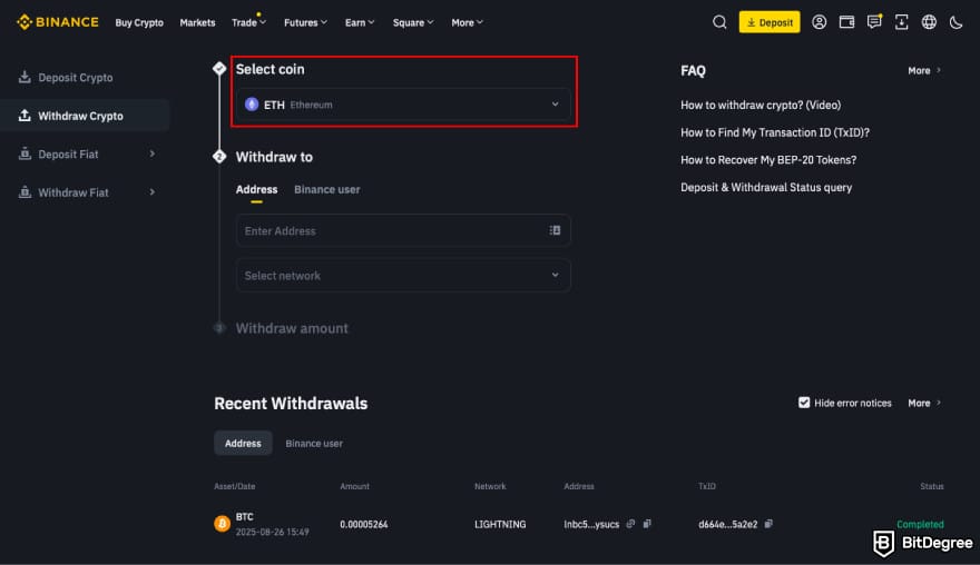 How to transfer crypto from Kraken: select the asset on Binance.