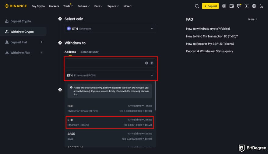 How to transfer crypto from Kraken: select the network on Binance.