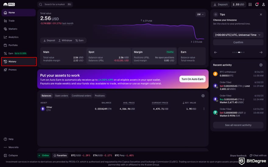 How to transfer crypto from Kraken: click [History] on Kraken.