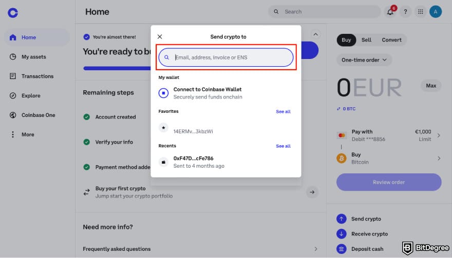 How to transfer crypto from Kraken: paste the wallet address into Coinbase.